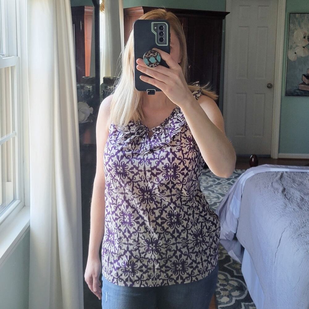 Tommy Hilfiger Sleeveless Blouse XS, Purple and Tan, Ruffle Neck, Damask Print